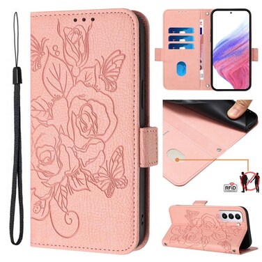 Case Cover For Samsung Galaxy S21 FE 5G Embossed Rose RFID Anti-theft Leather Phone Case(Pink)