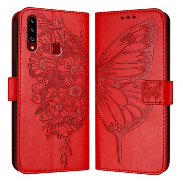 Case Cover For Samsung Galaxy A20s Embossed Butterfly Leather Phone Case(Red)