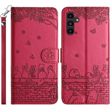 Case Cover For Samsung Galaxy A16 5G Cat Embossing Pattern Leather Phone Case with Lanyard(Red)
