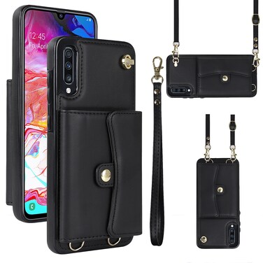 Case Cover For Samsung Galaxy A50 RFID Card Slot Leather Phone Case with Long Lanyard(Black)