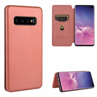 Case Cover For Samsung Galaxy S10 Plus Carbon Fiber Texture Horizontal Flip TPU + PC + PU Leather Case with Rope &amp; Card Slot(Brown)