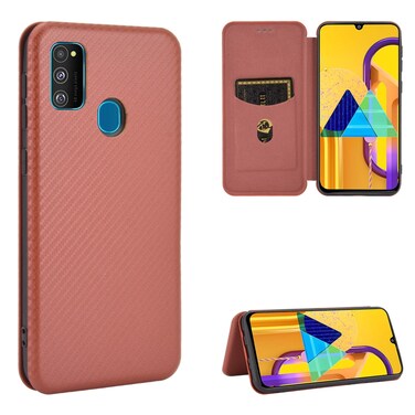 Case Cover For Samsung Galaxy M30s / M21 Carbon Fiber Texture Horizontal Flip TPU + PC + PU Leather Case with Rope &amp; Card Slot(Brown)
