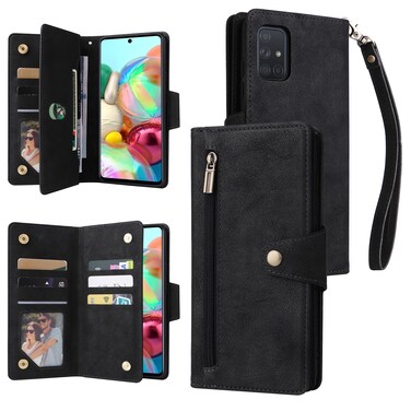 Case Cover For Samsung Galaxy A71 Rivet Buckle 9 Cards Three Fold Leather Phone Case(Black)