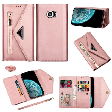 Case Cover For Samsung Galaxy S7 edge Skin Feel Zipper Horizontal Flip Leather Case with Holder &amp; Card Slots &amp; Photo Frame &amp; Lanyard &amp; Long Rope(Rose Gold)