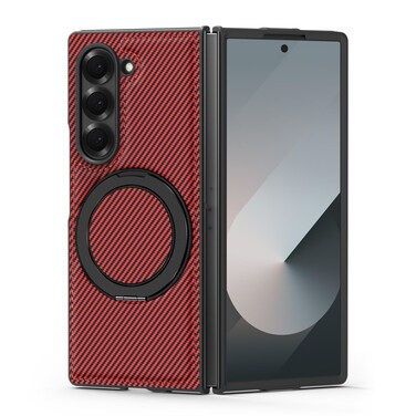 Case Cover  For Samsung Galaxy Z Fold6 5G Kevlar Carbon Fiber 360 Rotation MagSafe Holder Phone Case(Red)
