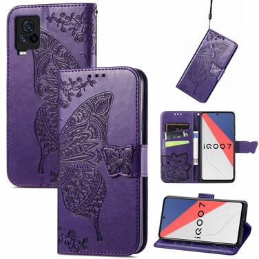 Case Cover  Butterfly Love Flowers Embossed Horizontal Flip Leather Case with Holder &amp; Card Slots &amp; Wallet &amp; Lanyard For vivo IQOO 7(Dark Purple)