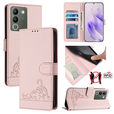 Case Cover For vivo V29E 5G Global Cat Rat Embossed Pattern RFID Leather Phone Case with Lanyard(Pink)