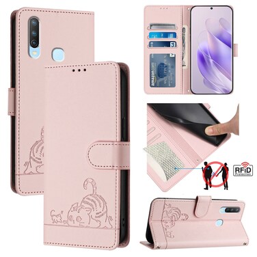 Case Cover For vivo Y17 / Y15 / Y12 / Y11 Cat Rat Embossed Pattern RFID Leather Phone Case with Lanyard(Pink)