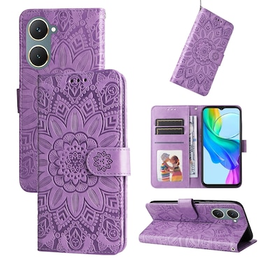 Case Cover For vivo Y03 4G Embossed Sunflower Leather Phone Case(Purple)