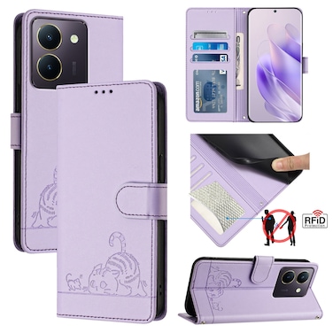 Case Cover For vivo Y36 5G Global Cat Rat Embossed Pattern RFID Leather Phone Case with Lanyard(Purple)