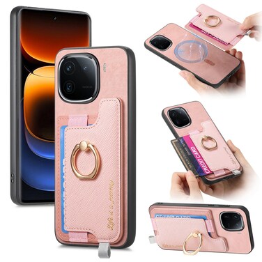 Case Cover For vivo iQOO 12 Pro 5G Retro Magsafe Cross Leather Ring Holder Card Bag Phone Case(Pink)