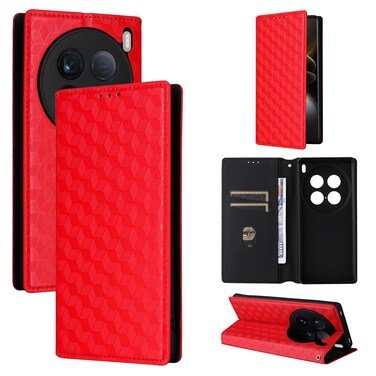 Case Cover For vivo X100 Ultra 5G Cubic Grid Texture Flip Leather Phone Case(Red)