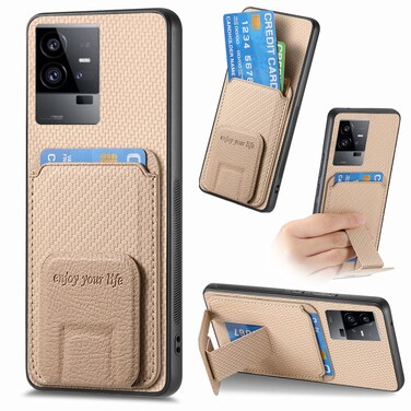 Case Cover For vivo iQOO 11 5G Carbon Fiber Card Bag Fold Stand Phone Case(Khaki)