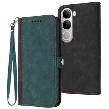 Case Cover For vivo Y300 / vivo V40 Lite 4G / 5G IDN Side Buckle Double Fold Hand Strap Leather Phone Case(Dark Green)