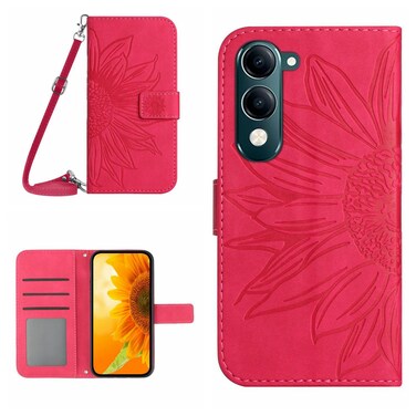 Case Cover For vivo Y04 4G / Y29s 5G Skin Feel Sun Flower Embossed Flip Leather Phone Case with Lanyard(Rose Red)