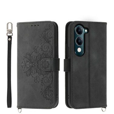 Case Cover For vivo Y29s 5G / Y04 4G Skin Feel Flowers Embossed Wallet Leather Phone Case(Black)
