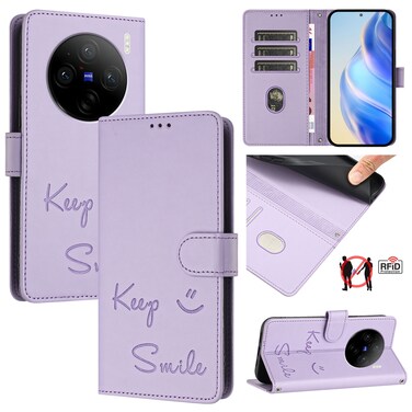 Case Cover For vivo X100 Pro 5G Smile Embossing RFID Leather Phone Case(Light Purple)