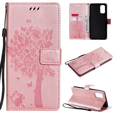 Case Cover For OPPO Realme 7 Pro Tree &amp; Cat Pattern Pressed Printing Horizontal Flip PU Leather Case with Holder &amp; Card Slots &amp; Wallet &amp; Lanyard(Rose Gold)