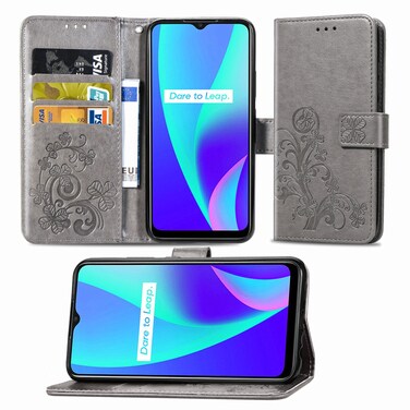 Case Cover For OPPO Realme C15 Four-leaf Clasp Embossed Buckle Mobile Phone Protection Leather Case with Lanyard &amp; Card Slot &amp; Wallet &amp; Holder(Gray)