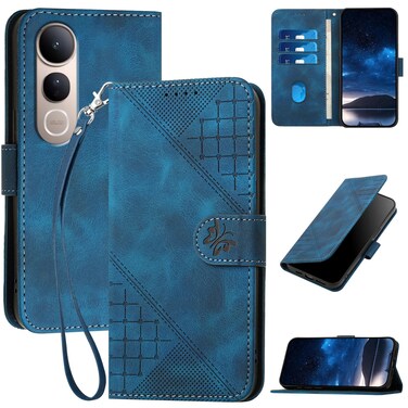 Case Cover For vivo V50 Lite 4G / 5G Grid Butterfly Embossed Pattern Leather Phone Case with Lanyard(Dark Blue)