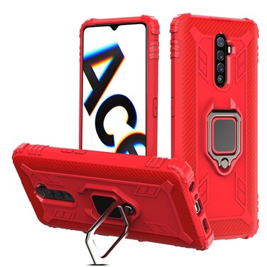 Case Cover For OPPO Realme X2 Pro / Reno Ace Carbon Fiber Protective Case with 360 Degree Rotating Ring Holder(Red)