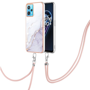 Case Cover For OPPO Realme 9 Pro 5G Electroplating Marble Pattern TPU Phone Case with Lanyard(White 006)