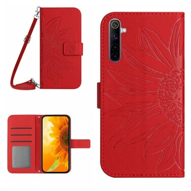 Case Cover For Realme 6 Pro Skin Feel Sun Flower Pattern Flip Leather Phone Case with Lanyard(Red)