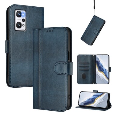 Case Cover For Realme GT Neo 3T Line Splicing Buckle Retro Leather Phone Case(Dark Blue)