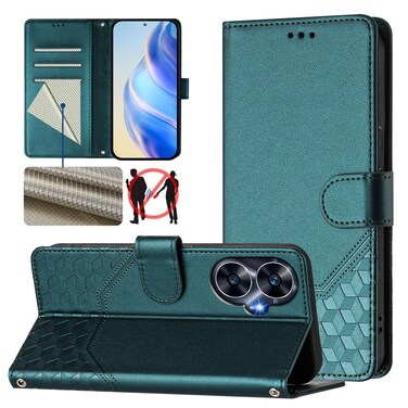 Case Cover For Realme C55 4G Global / Narzo N55 Honeycomb Embossing RFID Leather Phone Case(Peacock Green)