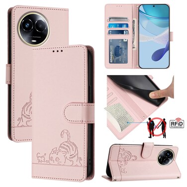 Case Cover For Realme Narzo 60x 5G Global Cat Rat Embossed Pattern RFID Leather Phone Case with Lanyard(Pink)