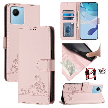 Case Cover For Realme C30 4G / Narzo 50i Prime Cat Rat Embossed Pattern RFID Leather Phone Case with Lanyard(Pink)