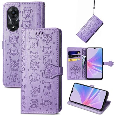 Case Cover For OPPO A58 4G Cat and Dog Embossed Leather Phone Case(Purple)