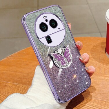 Case Cover For OPPO Find X6 Pro Plated Gradient Glitter Butterfly Holder TPU Phone Case(Purple)