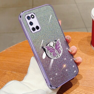 Case Cover For OPPO A52 Plated Gradient Glitter Butterfly Holder TPU Phone Case(Purple)