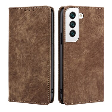 Case Cover For Samsung Galaxy S22 5G RFID Anti-theft Brush Magnetic Leather Phone Case(Brown)