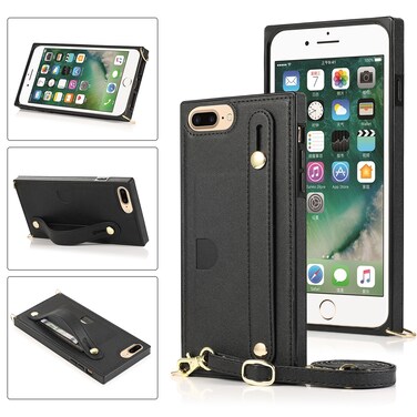 Case Cover For iPhone 6 Plus Wrist Strap PU+TPU Shockproof Protective Case with Crossbody Lanyard &amp; Holder &amp; Card Slot(Black)