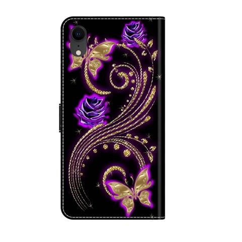 Case Cover For iPhone XR Crystal 3D Shockproof Protective Leather Phone Case(Purple Flower Butterfly)