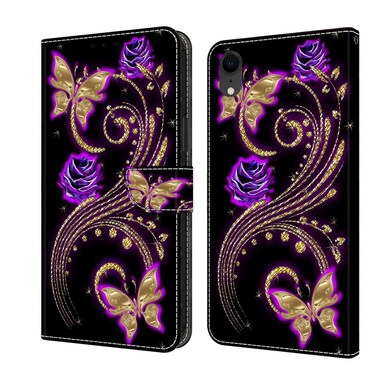 Case Cover For iPhone XR Crystal 3D Shockproof Protective Leather Phone Case(Purple Flower Butterfly)