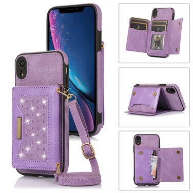 Case Cover For iPhone XR Three-fold RFID Leather Phone Case with Lanyard(Purple)