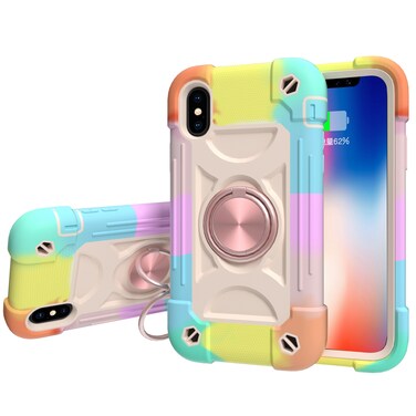 Case Cover For iPhone XS Max Shockproof Silicone + PC Protective Case with Dual-Ring Holder(Colorful Rose Gold)