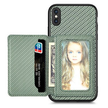 Case Cover For iPhone X / XS Carbon Fiber Magnetic Card Bag Phone Case(Green)