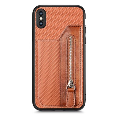 Case Cover For iPhone X / XS Carbon Fiber Horizontal Flip Zipper Wallet Phone Case(Brown)