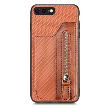 Case Cover For iPhone SE 2022 / 2020 / 7 / 8 Carbon Fiber Horizontal Flip Zipper Wallet Phone Case(Brown)