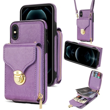 Case Cover For iPhone XS / X Zipper Hardware Card Wallet Phone Case(Purple)