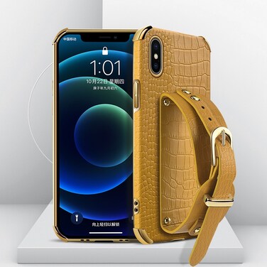 Case Cover For iPhone X / XS Electroplated TPU Crocodile Pattern Leather Case with Wrist Strap(Yellow)