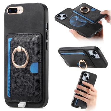 Case Cover For iPhone 7 Plus / 8 Plus Retro Cross Leather Ring Side Insert Card Bag MagSafe Phone Case(Black)