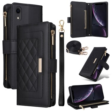 Case Cover For iPhone XR Crossbody Zipper Wallet Rhombus Leather Phone Case(Black)