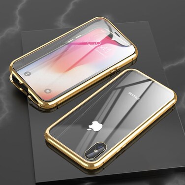 Case Cover For iPhone XS Max Ultra Slim Double Sides Magnetic Adsorption Angular Frame Tempered Glass Magnet Flip Case(Gold)
