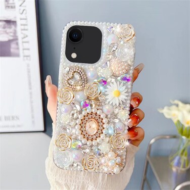 Case Cover For iPhone XR Diamond Inlaid Rose PC Phone Case(White)