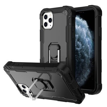 Case Cover For iPhone 11 Pro Max PC + Rubber 3-layers Shockproof Protective Case with Rotating Holder (Black)